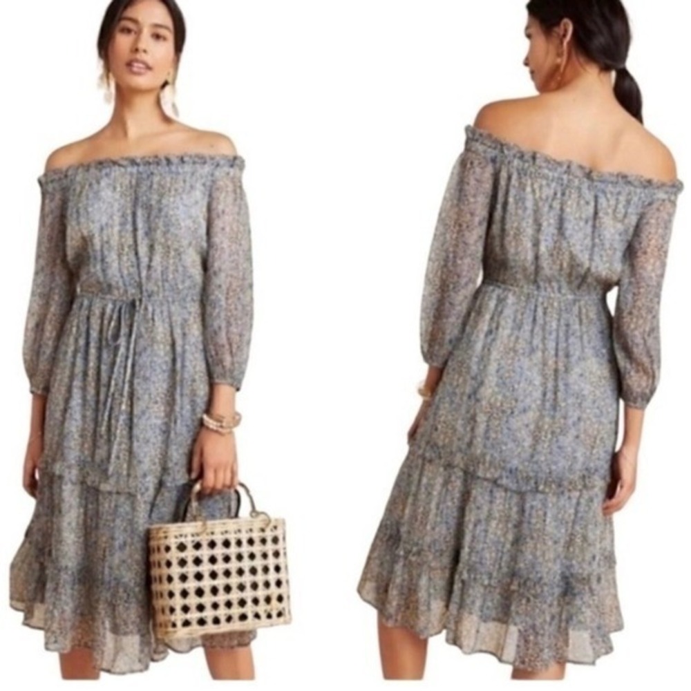 Anthropologie Blue Floral Kira Smocked Off The Shoulder Boho Peasant Dress